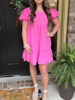 SHEIN Hot Pink Puff-Sleeve Tiered Dress